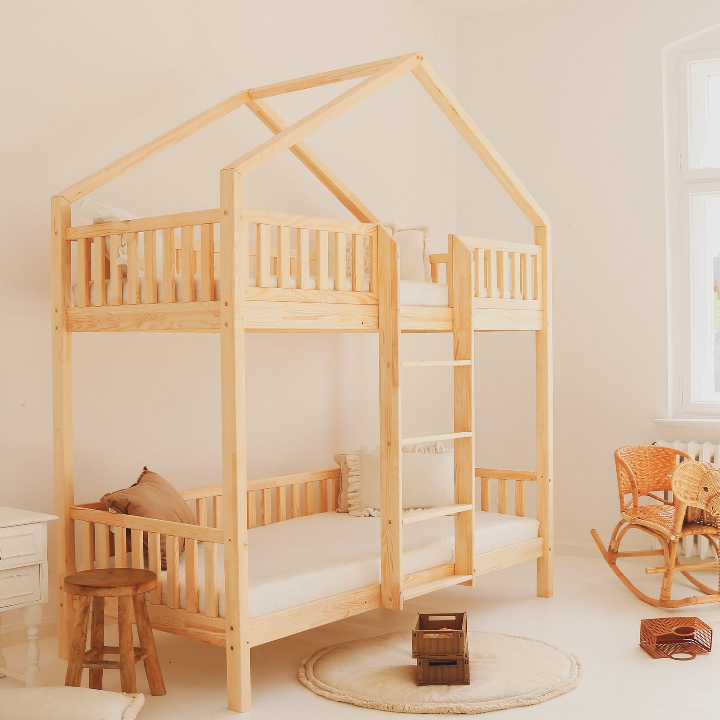 Κουκέτα σπιτάκι Housebed Plus με πλακέ κάγκελο με συρτάρι 190χ90 φυσικό (Δώρο 10% έκπτωση στο Στρώμα)