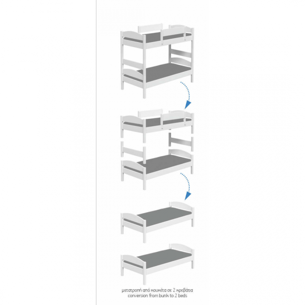 Loft Κουκέτα Μετατρεπόμενη με Αποσπώμενη Σκάλα Για 4 Διαστάσεις Στρωμάτων