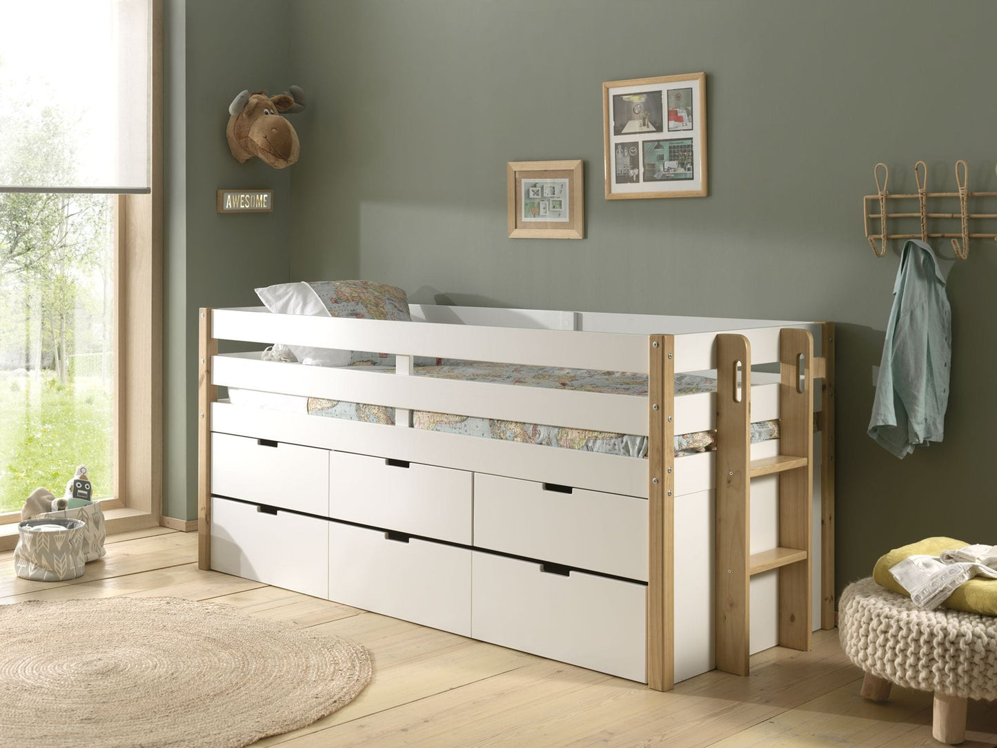 Υπερυψωμένο παιδικό κρεβάτι Margrit 90x200 με αποθηκευτικό χώρο