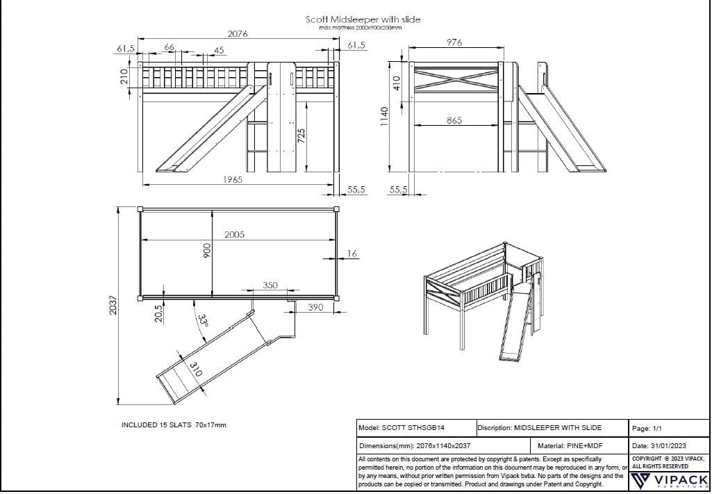 Υπερυψωμένο παιδικό κρεβάτι Scott 90 x 200 με τσουλήθρα