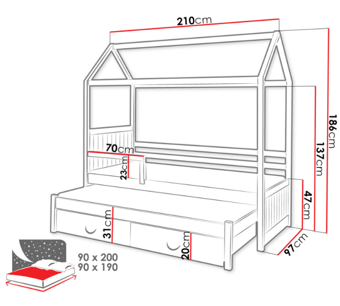 Παιδικό Κρεβάτι Jane II με συρόμενο δεύτερο κρεβάτι 90x200 (Δώρο 10% έκπτωση στο Στρώμα)