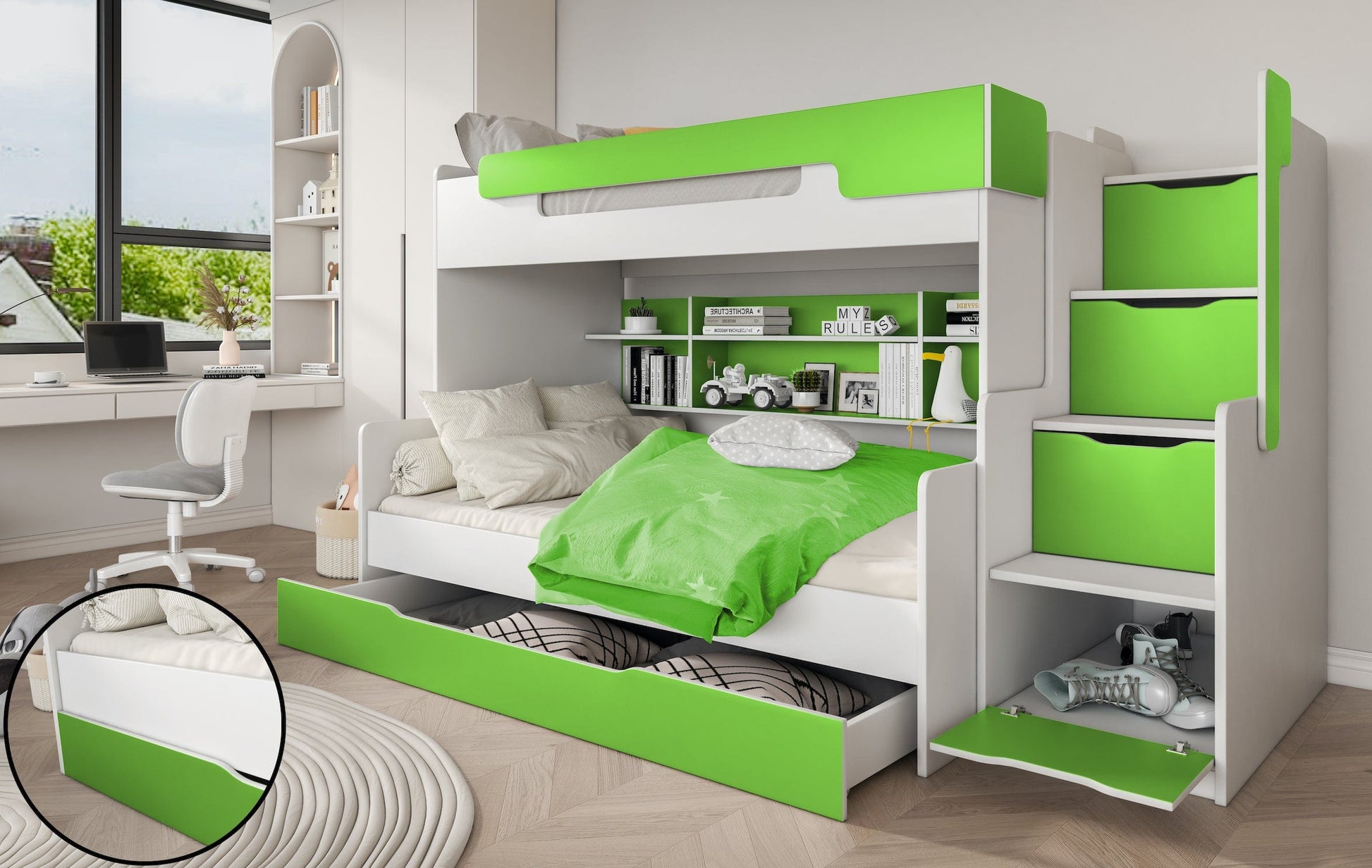 Παιδική Κουκέτα Harry με Βιβλιοθήκη και Συρτάρια